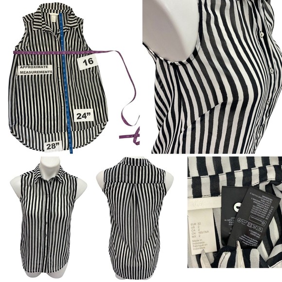 H&M Womens Top Blazer Combo Size 2 Black White Striped Chiffon Collar Blouse - Picture 4 of 11